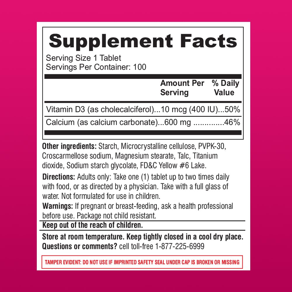 ONE VITE Calcium + D3 600mg + 10mcg Dietary Supplement Tablet, 100 Tablets
