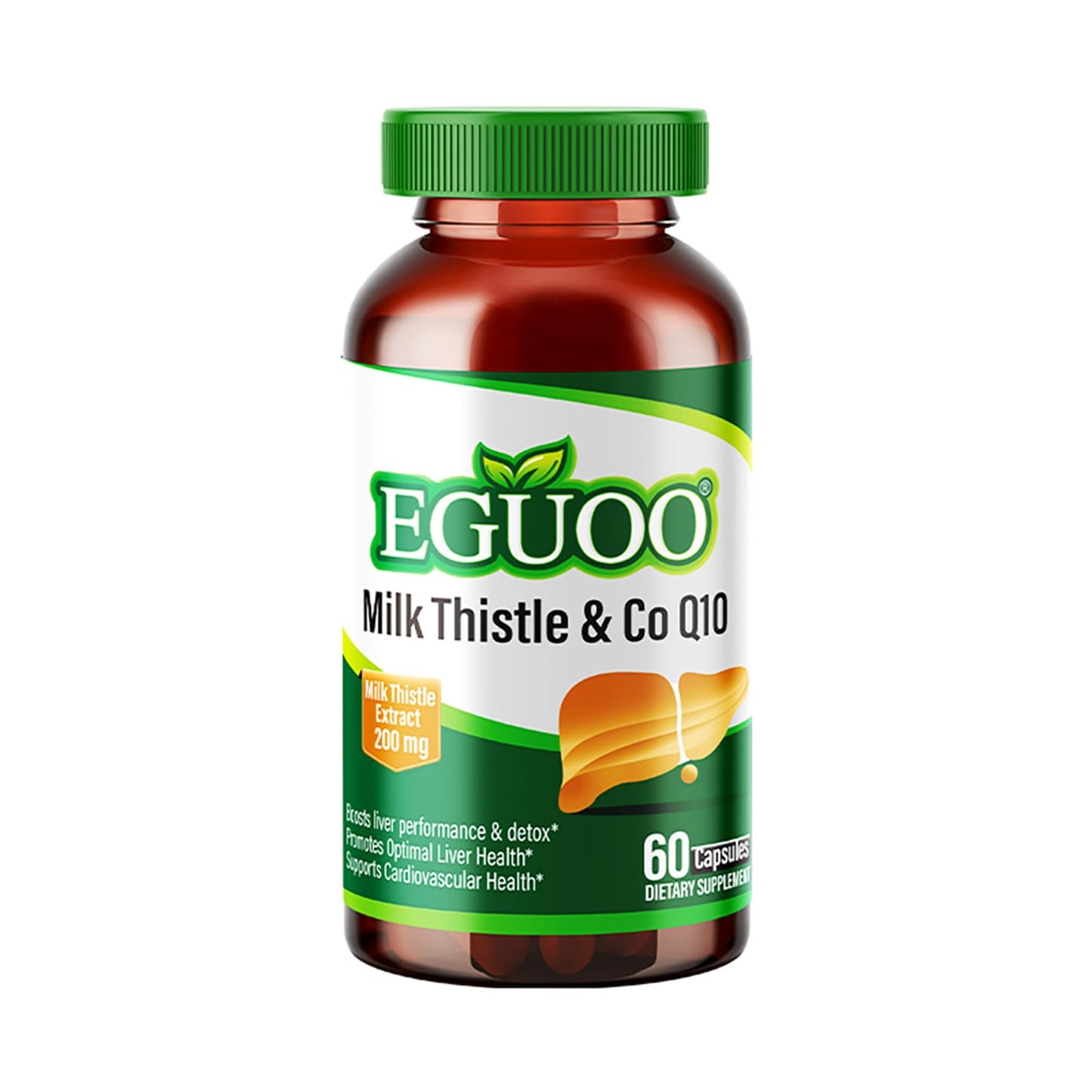 EGUOO Milk Thistle & CoQ10 Dietary Supplement with Artichoke, Curcumin, Coenzyme Q10 – 200mg Milk Thistle per Serving (6000mg per Bottle) – for Healthy Liver Function – 60 Capsules