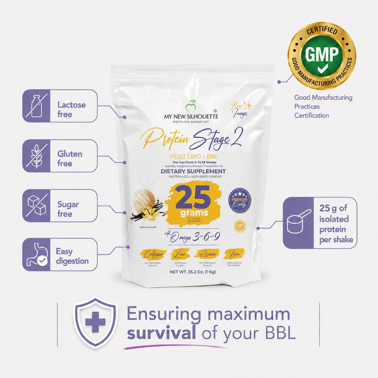 MI NUEVA SILUETA My New Silhouette Stage 2 Isolated Medical-Grade Protein with Omega-3, 6, and 9, 25 g per Serving, Vanilla, Powder, 0.04 Ounce