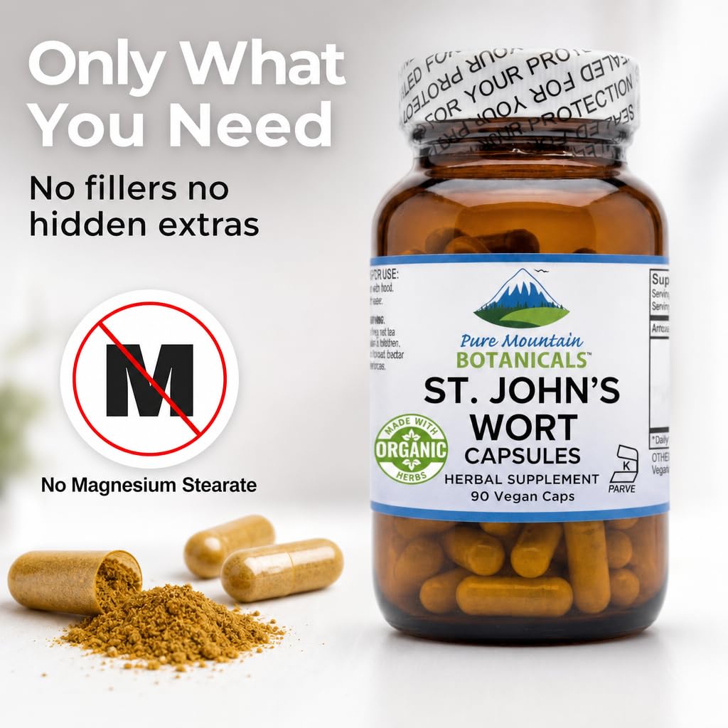 Pure Mountain Botanicals St. John's Wort Capsules 450mg Organic Herb and Extract Standardized to 3% Hypericin 90 Count