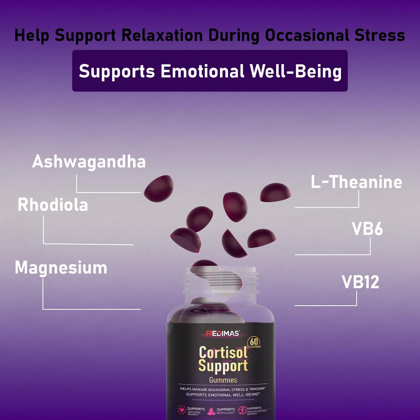 Redimas Cortisol Gummies with Ashwagandha, Magnesium, L-Theanine and Multivitamin, Gummy, 60 Count