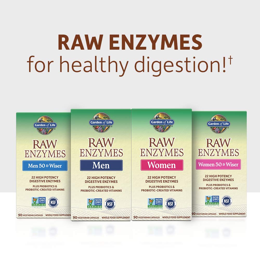 Garden of Life RAW Enzymes 22 Digestive Enzymes for Women 50+ with Bromelain, Papain & Lactase Plus Probiotics & Vitamins B12, Biotin & Zinc, 90 Capsules