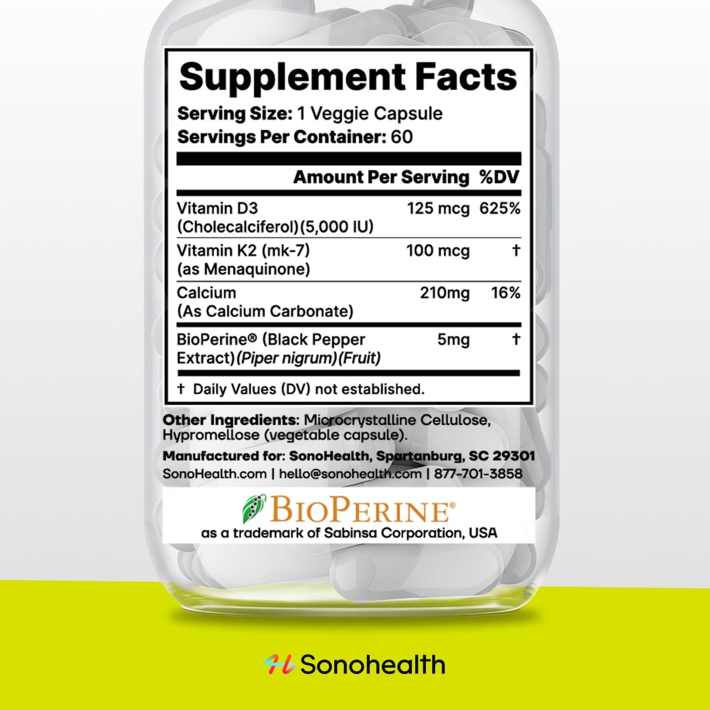 SonoHealth Vitamin D3 + K2 with BioPerine 60 Capsules