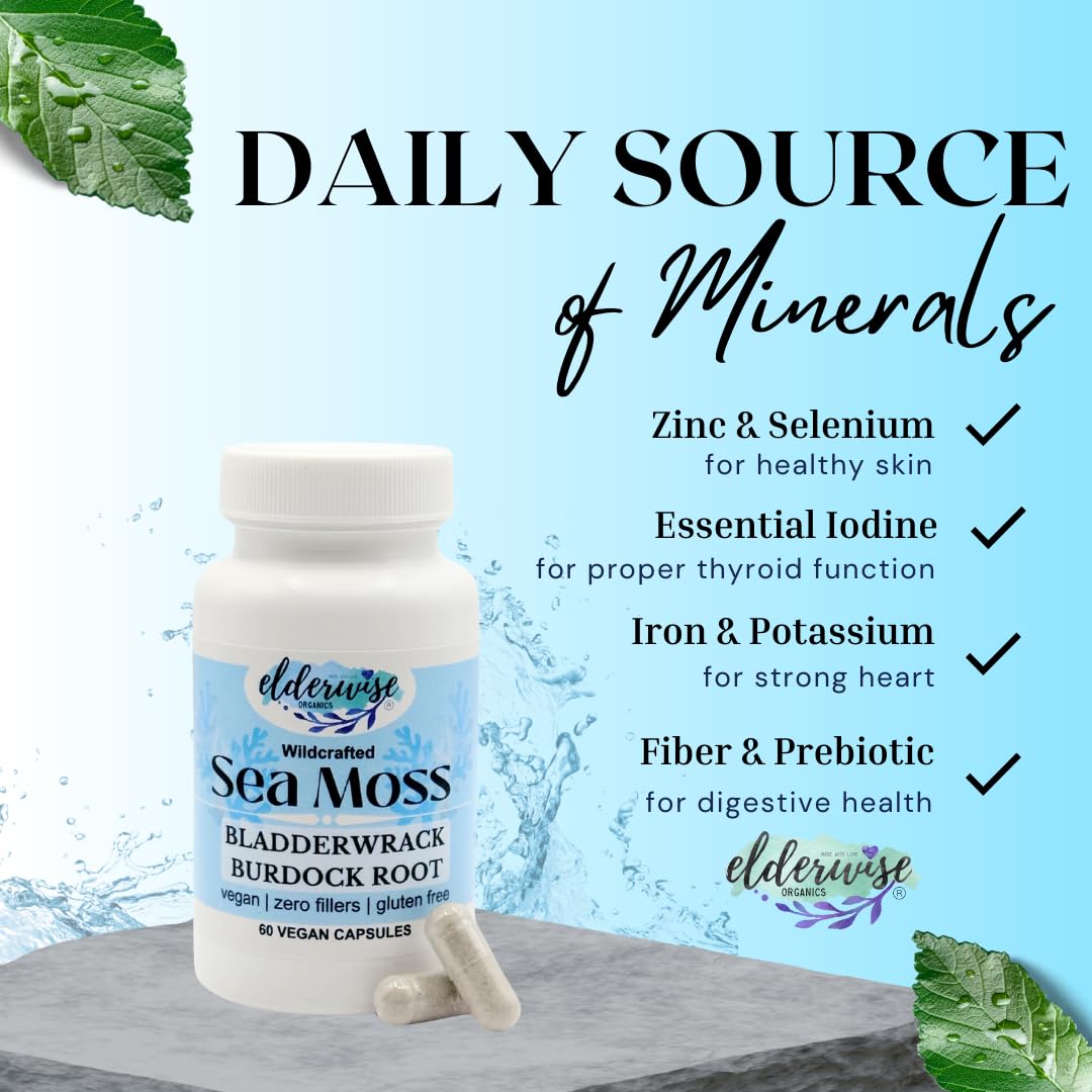 Elderwise Organics Made With Love Sea Moss Capsules with Burdockroot & Bladderwrack 60 Count