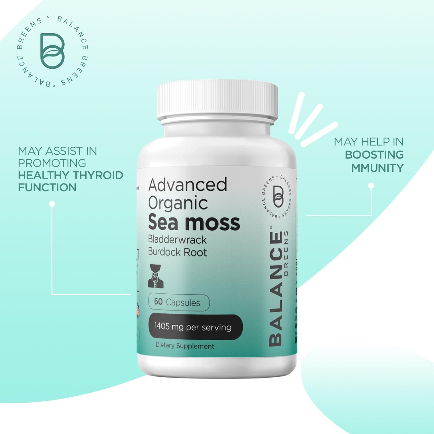 Balancebreens Organic Irish Sea Moss, Bladderwrack and Burdock Root Supplement 1405mg, 120 Veg Capsules