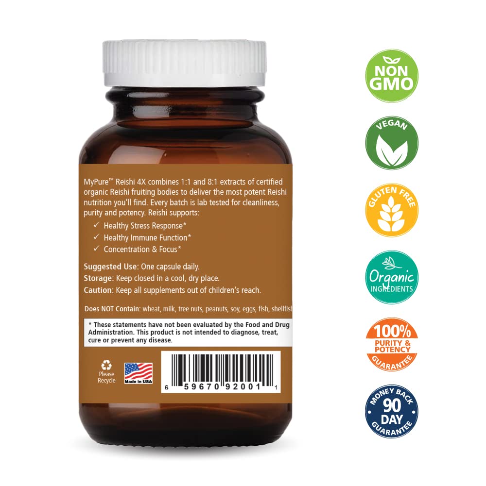PURE ESSENCE LABS MyPure Reishi 4X Organic Mushrooms Supplement capsules, 30 Count