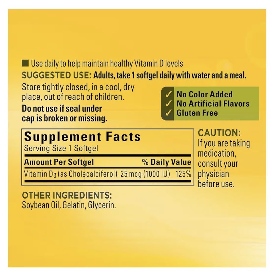 Generic Vitamin D3 25mcg (1000 IU) Softgels, 650 Count