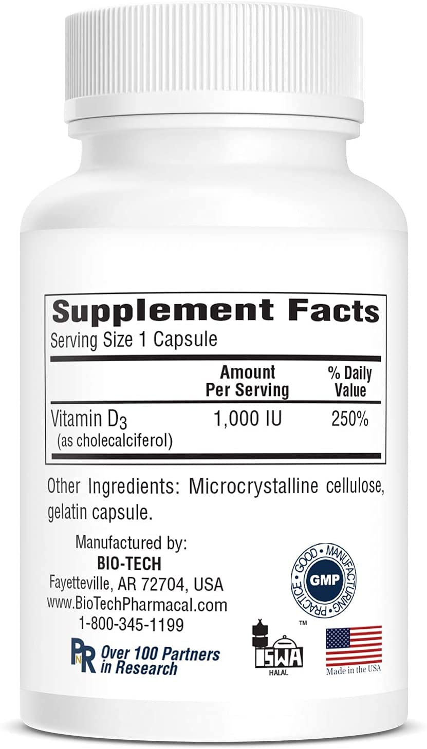 Bio-Tech Pharmacal D3 (1,000 IU) Capsules, 250 Capsules