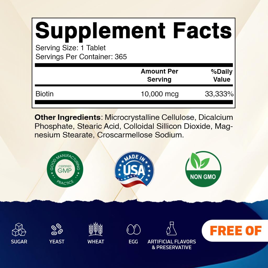 Vitamatic Biotin 10,000 mcg (10 mg) for Stronger Hair, Skin & Nails, 730 Tablets