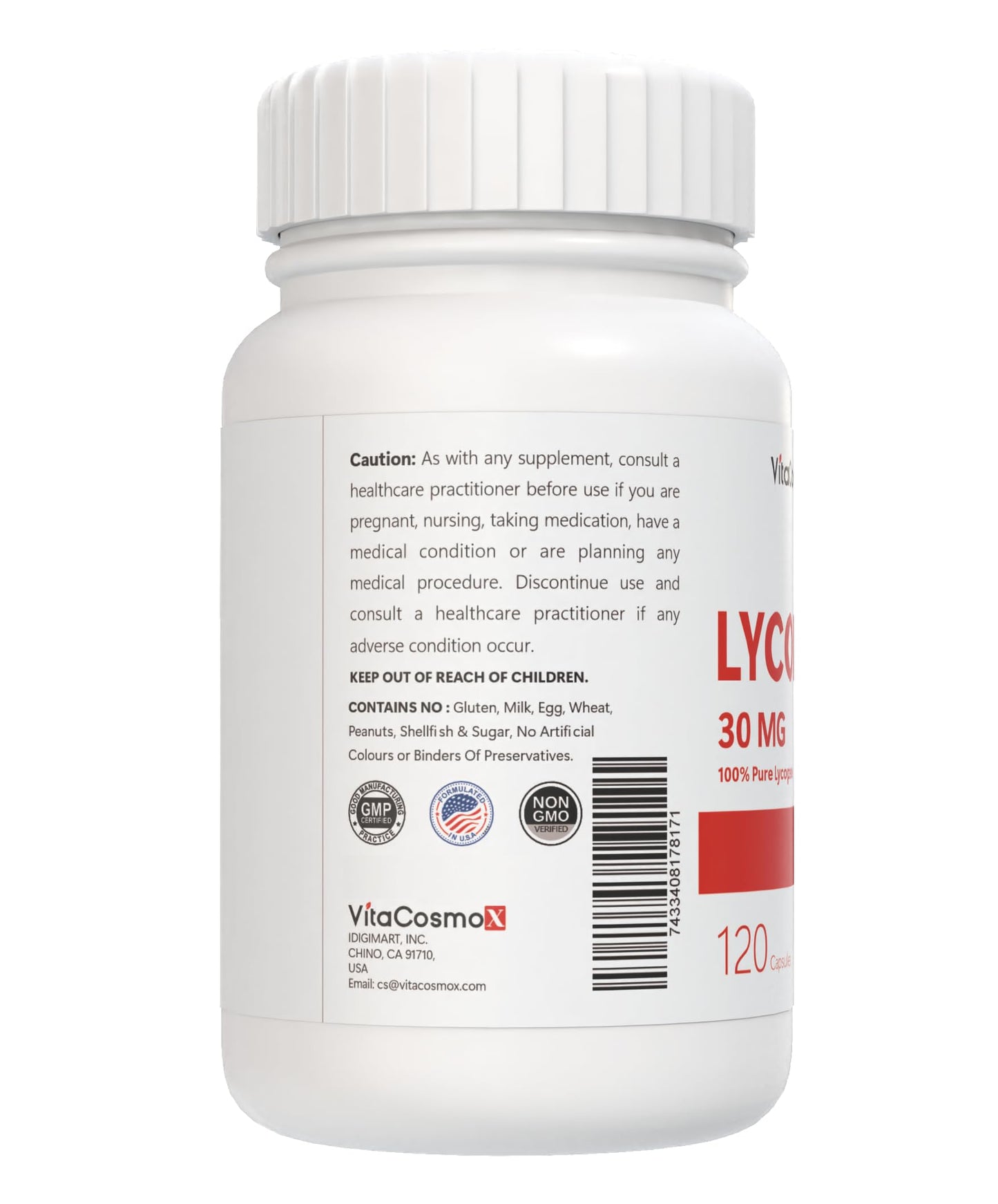 VitaCosmoX Lycopene Supplement 30mg Capsules, 120 Count