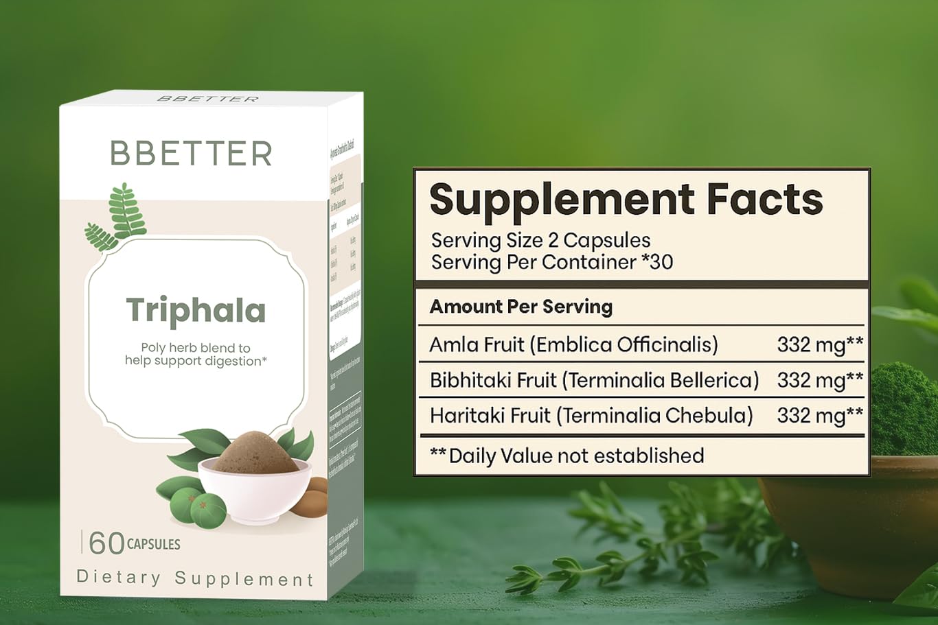 BBETTER Triphala Ayurvedic Herbal Supplement with Amla, Haritaki & Bibhitaki Capsules, 180 Count