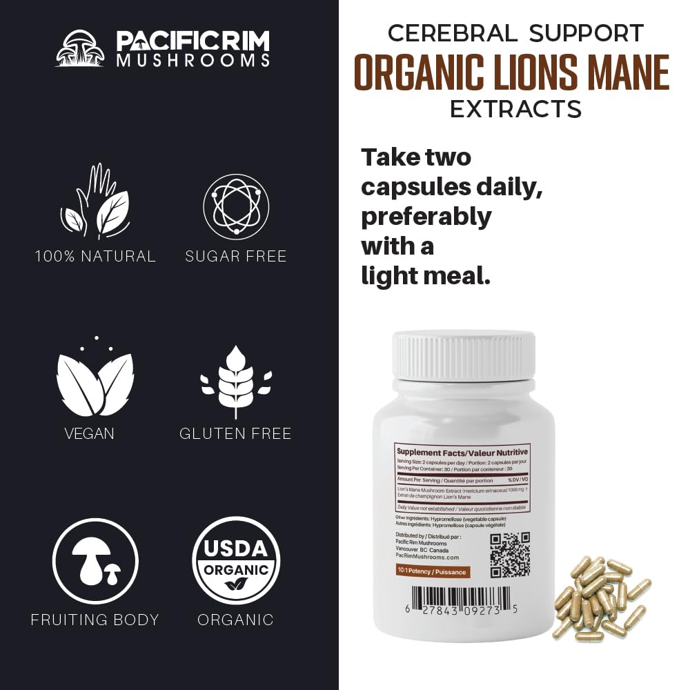 Pacific Rim Mushrooms Lions Mane Supplement Capsules, Organic Mushroom Extract, Ultra Strength 10:1 Lions Mane Mushroom, 60 Capsules