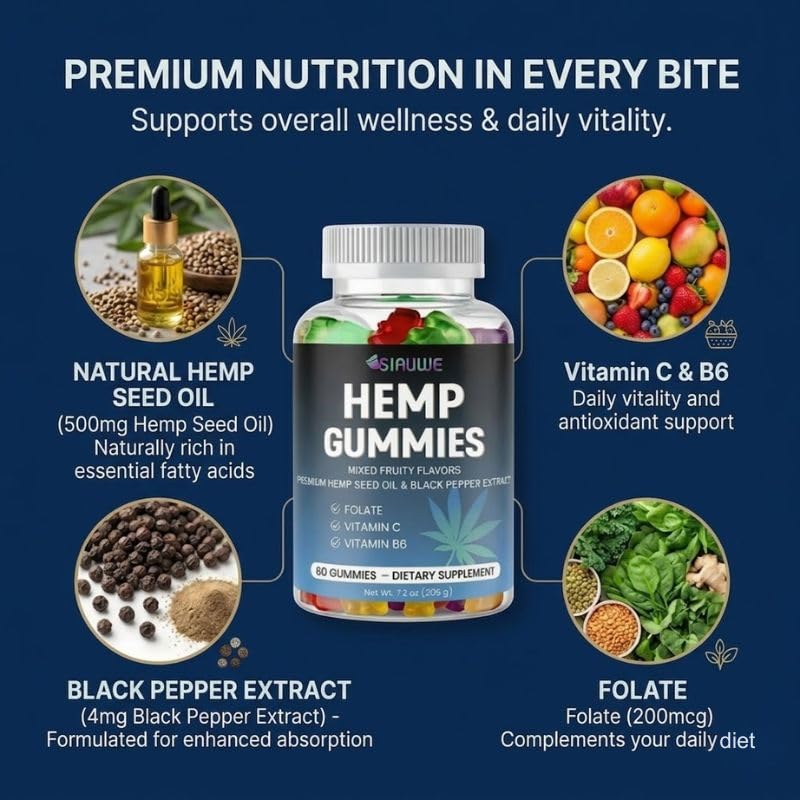 SIAUWE Hemp Gummies with Hemp Seed Oil, Vitamin C B6 & Folate, Gummy, 60 Count