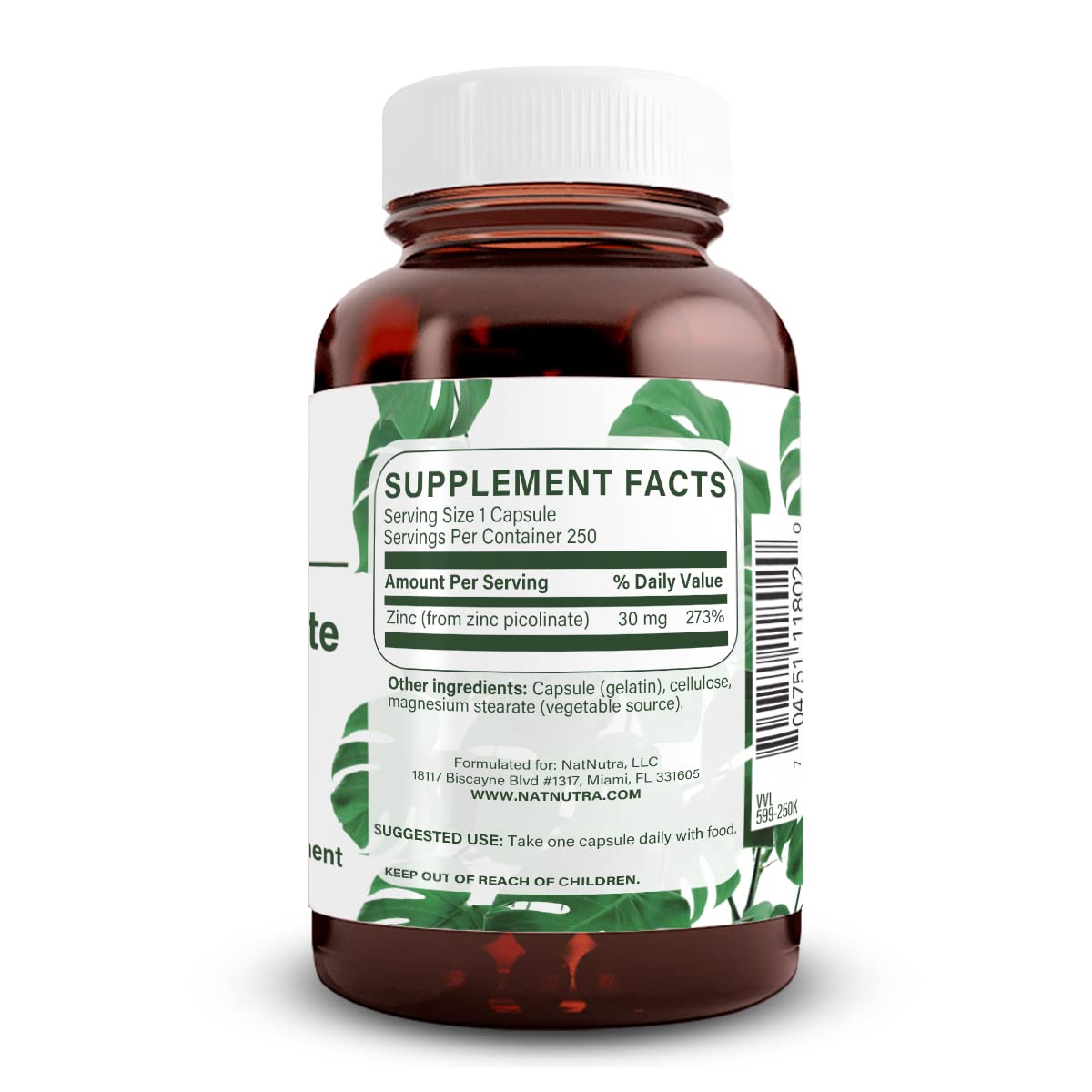 Natural Nutra Zinc Picolinate 30 mg Double Strength Capsules, 250 Count