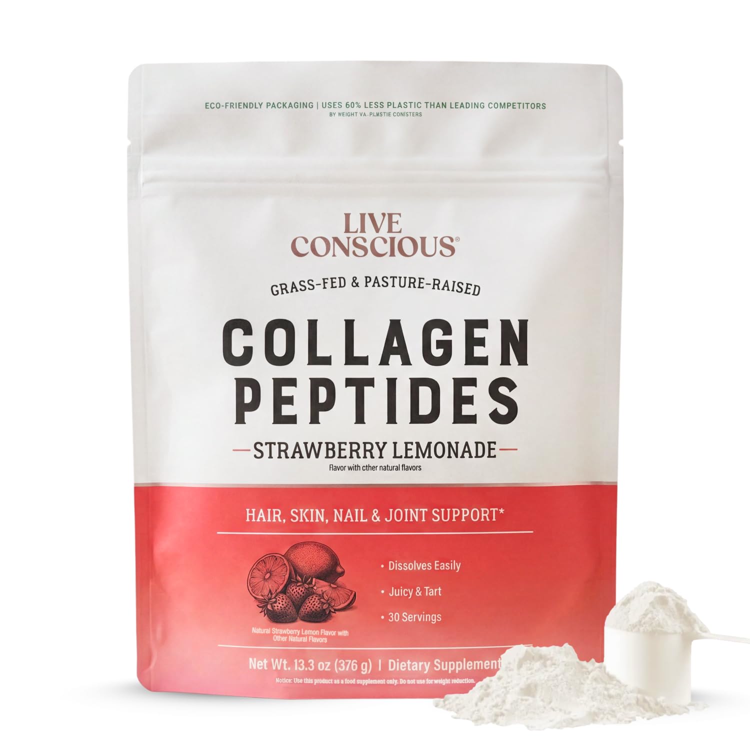 Live Conscious Collagen Peptides Powder Strawberry Lemonade 12.8 oz