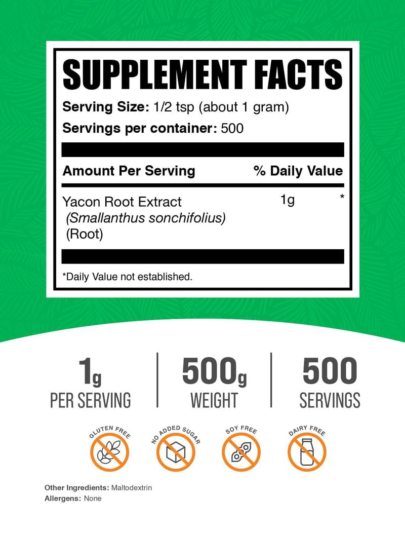 BulkSupplements Yacon Root Extract Powder - Sugar Substitute, Natural Fiber Sweetener - Gluten Free, 17.6 oz