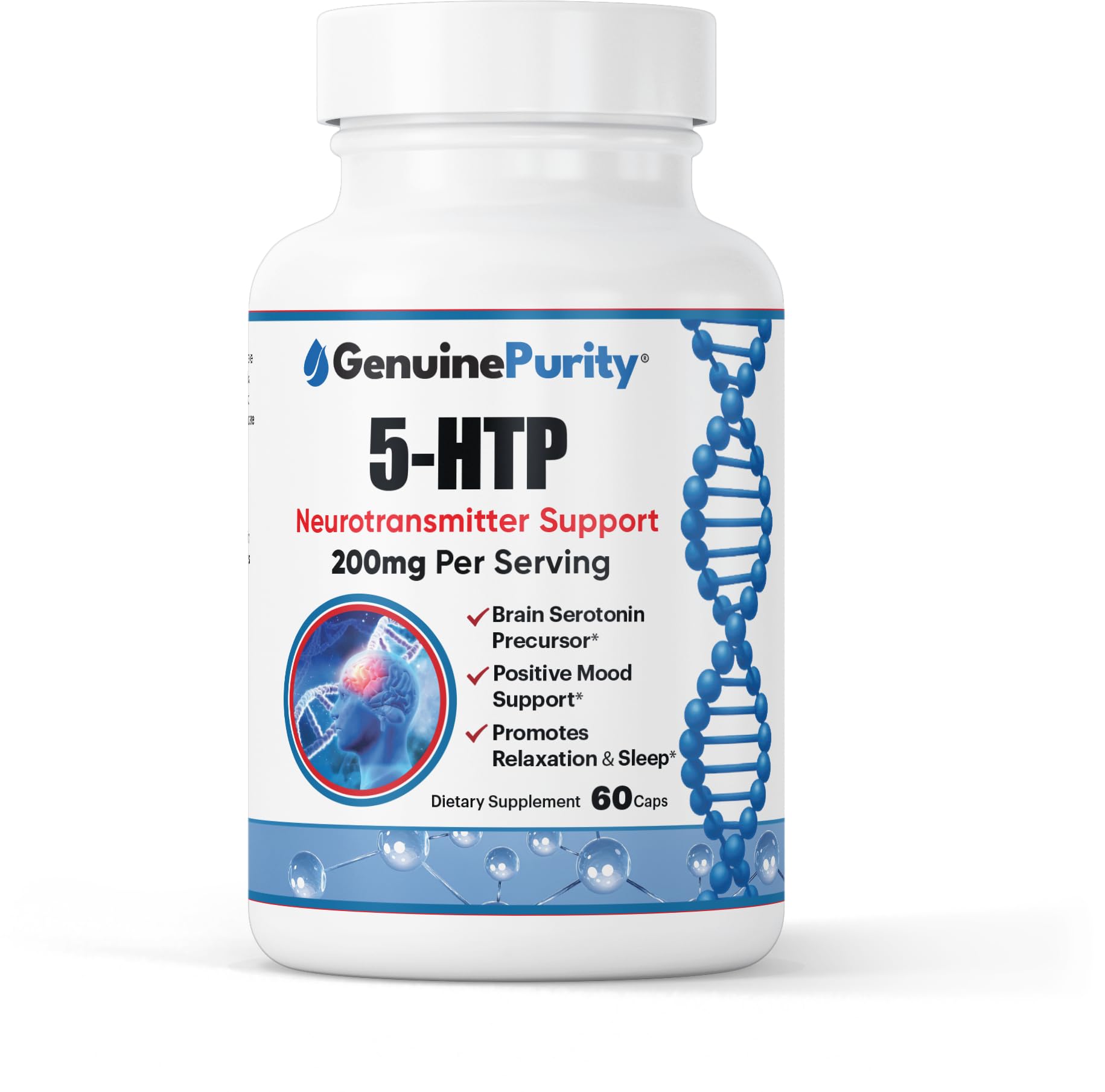 GenuinePurity 5HTP Supplement – 200mg per Capsule with Calcium for Absorption – 5-HTP Supports Restful Sleep, Calm Mood & Emotional Balance – Plant-Based Daily Wellness – 60 Capsules