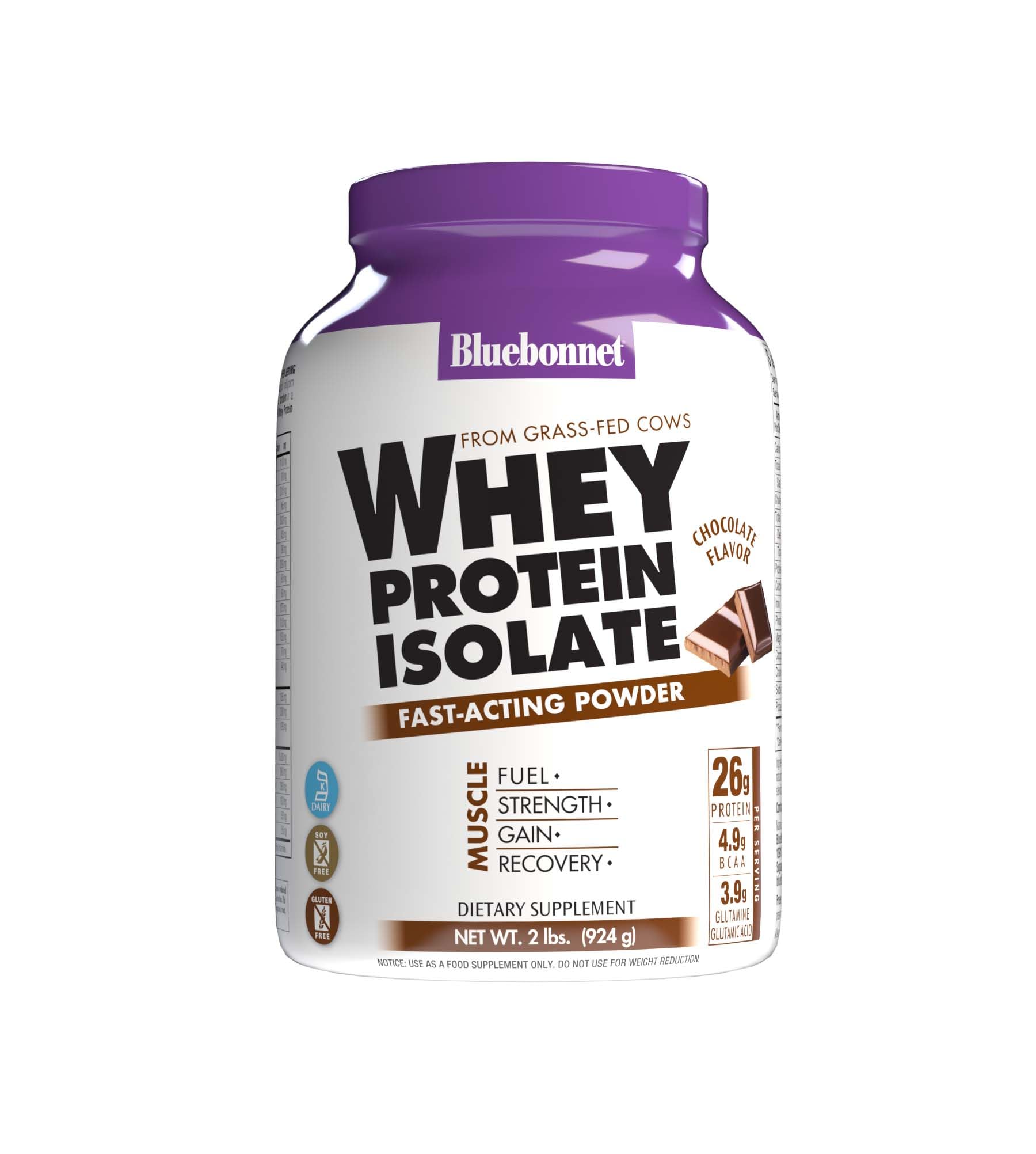 BlueBonnet Grass Fed Whey Protein Isolate 26 g Energy & Workout Recovery BCAA Amino Acids Protein Powder Chocolate 16