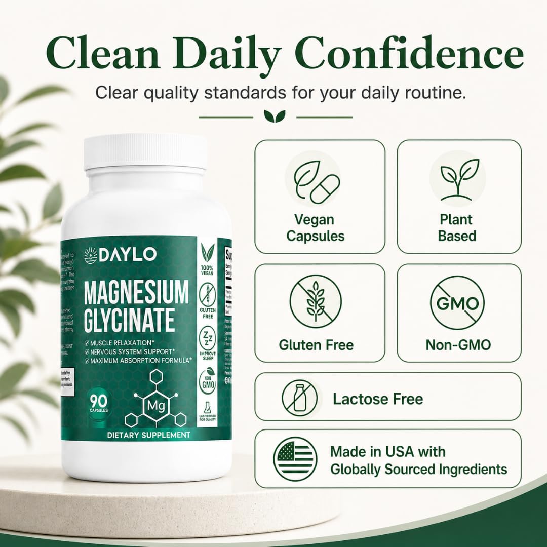 DAYLO Magnesium Glycinate Capsules 275 mg Elemental Magnesium Daily Magnesium Supplement for Relaxation, Muscle Function & Nighttime Routine Support, 90 Capsules