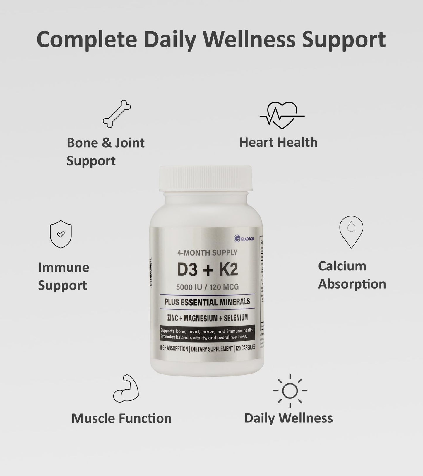 GLADTON Vitamin D3 + K2 Complex with Zinc, Magnesium & Selenium, 120 Capsules