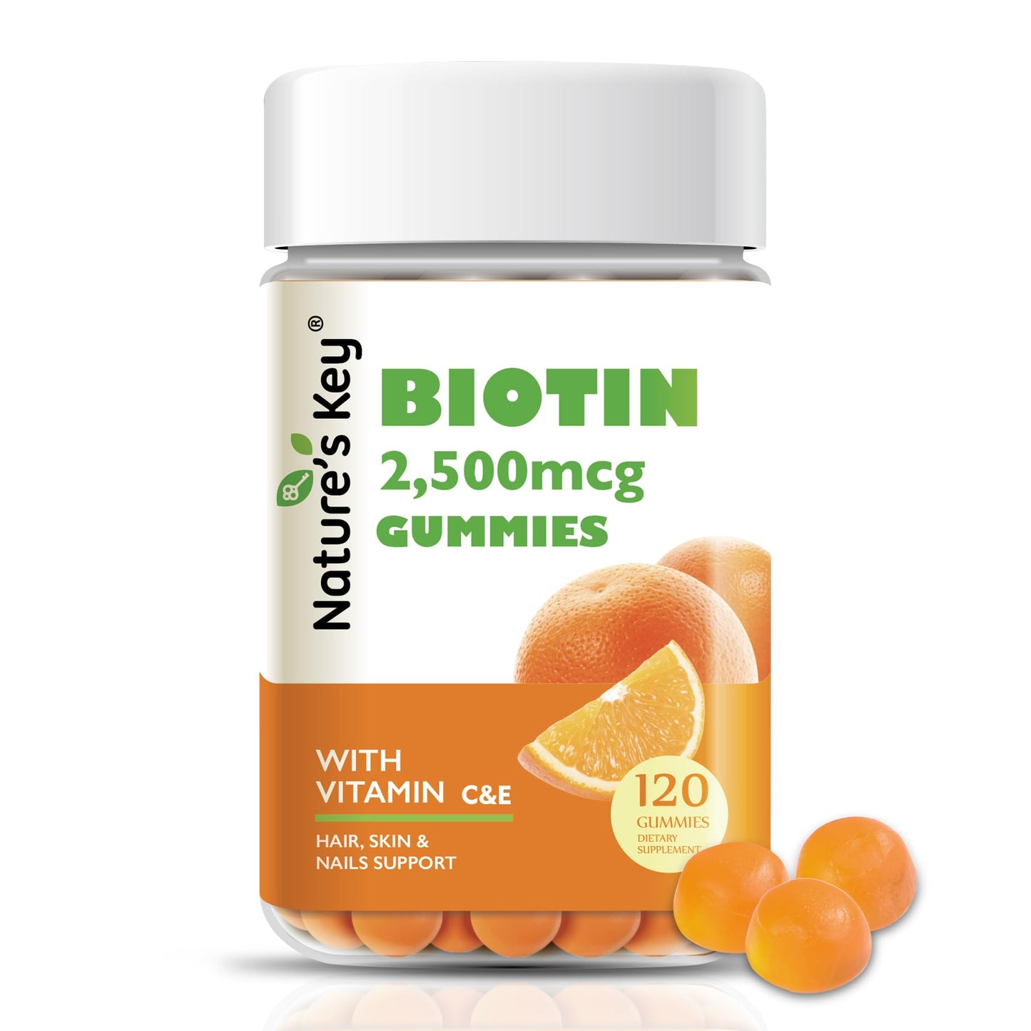 Nature's Key Biotin Gummies with Vitamin C and E, for Hair & Nails Growth and Beautiful Skin, Vegan, Orange Flavor, 120 Gummies