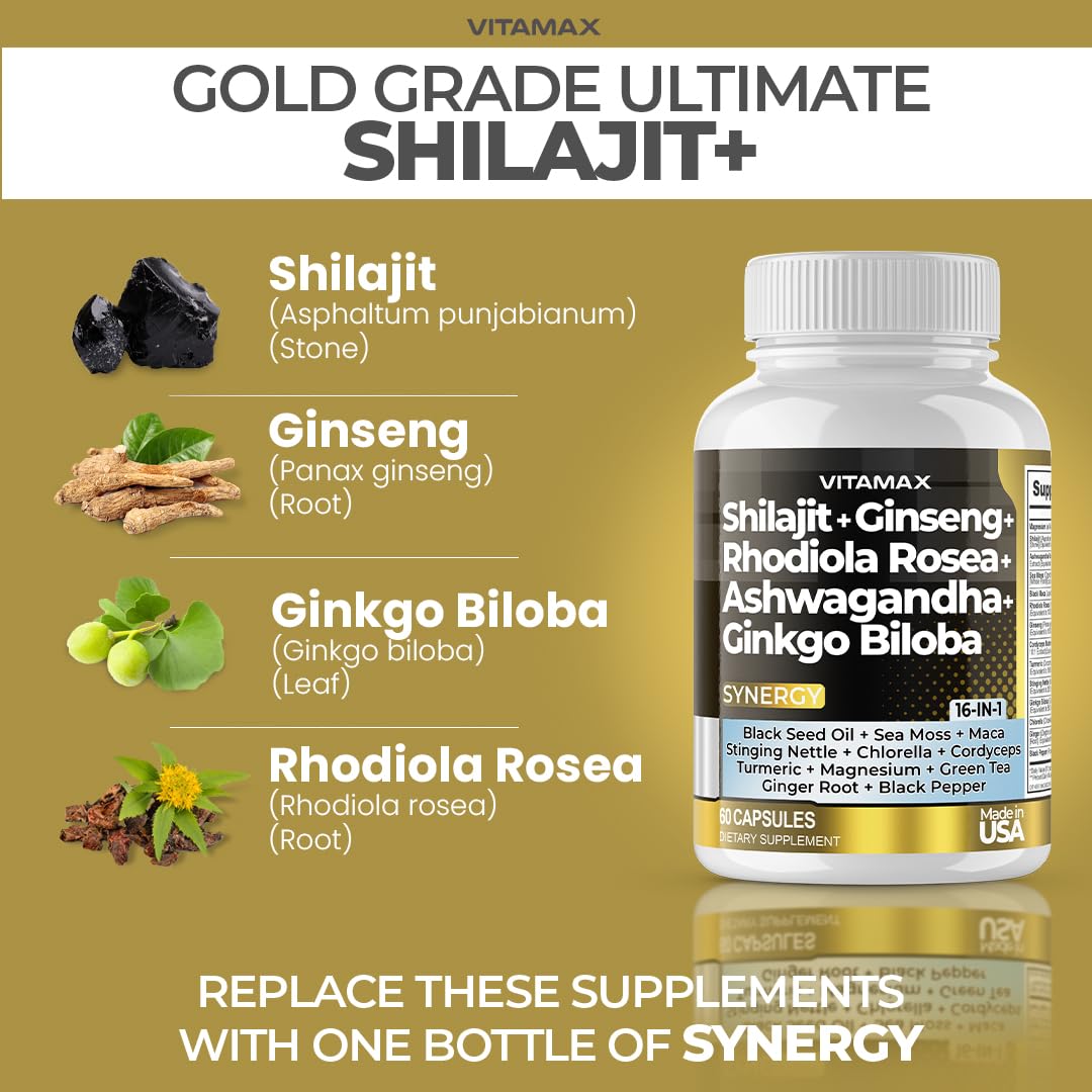 Vitamax Pure Himalayan Shilajit Supplement with Sea Moss, Ashwagandha, Bladderwrack, Ginkgo Biloba, Organic Capsules & Trace Minerals - Non-GMO - Vegan - Made in USA - 120 Capsules