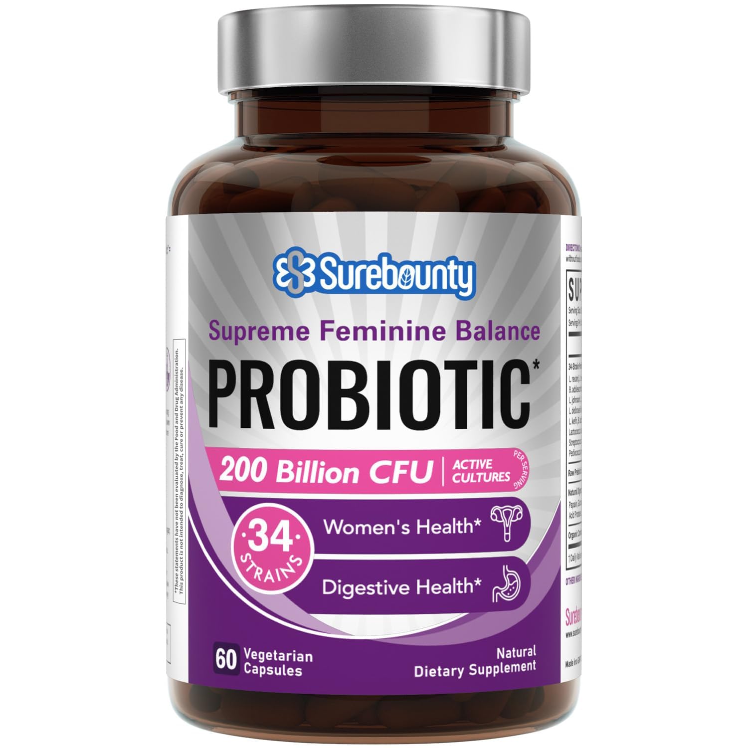 Surebounty Women's Probiotic 200 Billion CFU with Prebiotics, Digestive Enzymes & Cranberry, 60 Capsules