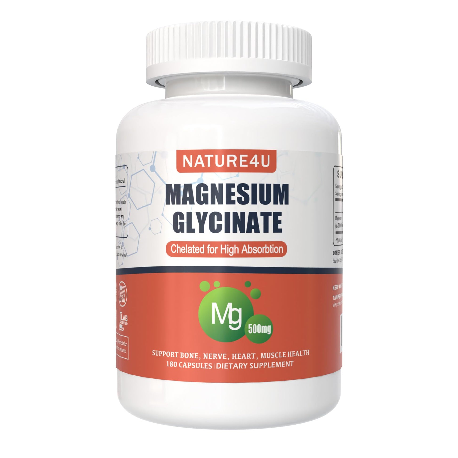 Nature4U Magnesium Glycinate 500mg, 100% Chelate for High Absorption Magnesium Supplement for Sleep, Muscle, Heart, Never and Bone Support, 180 Capsules