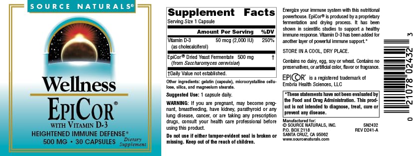 Source Naturals Wellness EpiCor with Vitamin D-3 for Heightened Immune Defense 30 Capsules