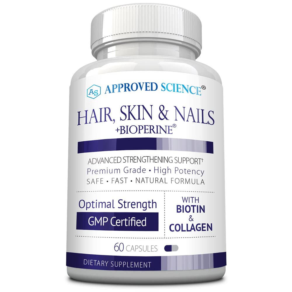 Approved Science Hair, Skin and Nails Support Supplement with Biotin, Collagen, Vitamin B Complex, Silica, BioPerine, 60 Capsules
