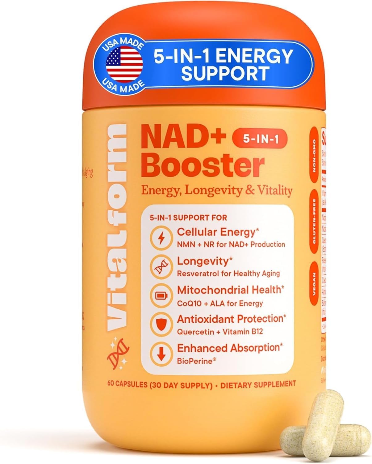VitalForm NAD+ Supplement with NMN & Nicotinamide Riboside (NR) Advanced Cellular Energy & Healthy Aging Complex with Resveratrol, CoQ10, Quercetin & BioPerine, 60 Capsules