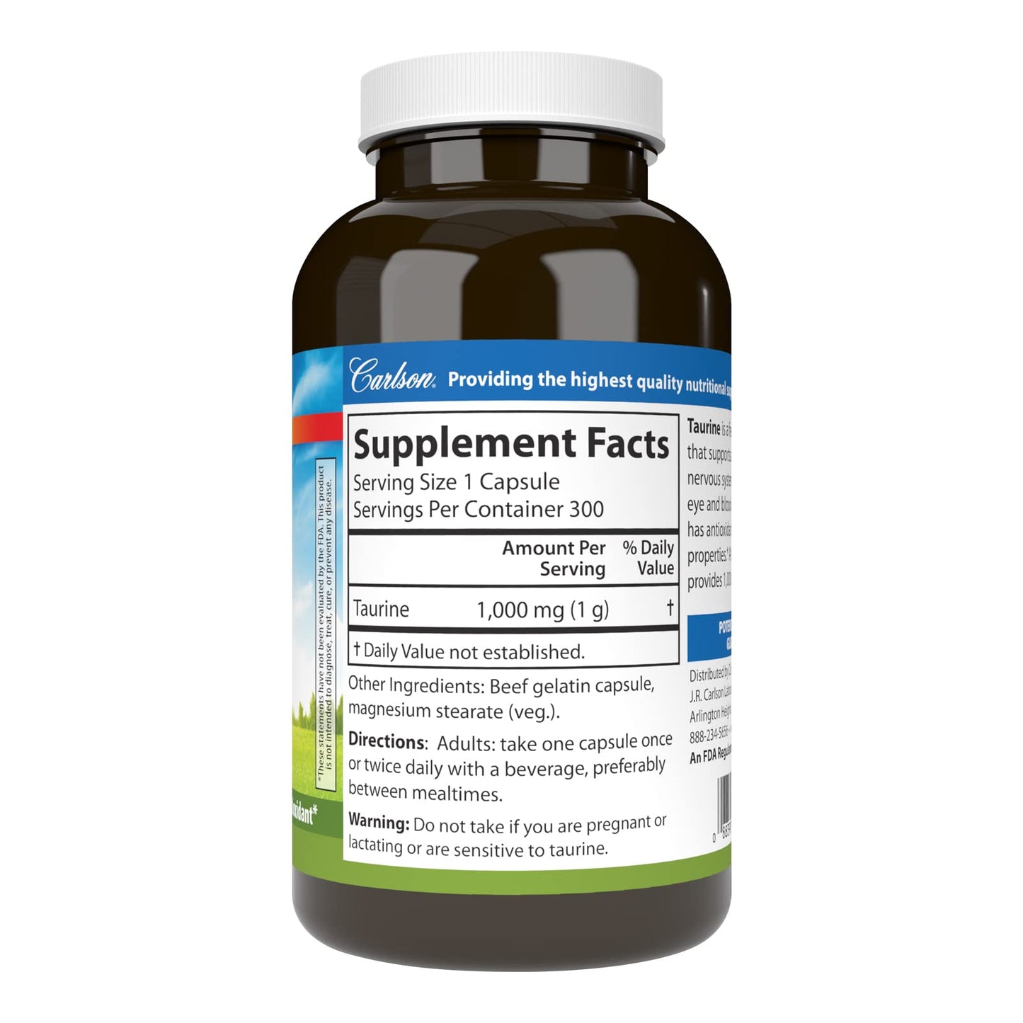 Carlson Taurine Free-Form Amino Acid, Support, Nerve Health & Muscle Function, 300 Capsules