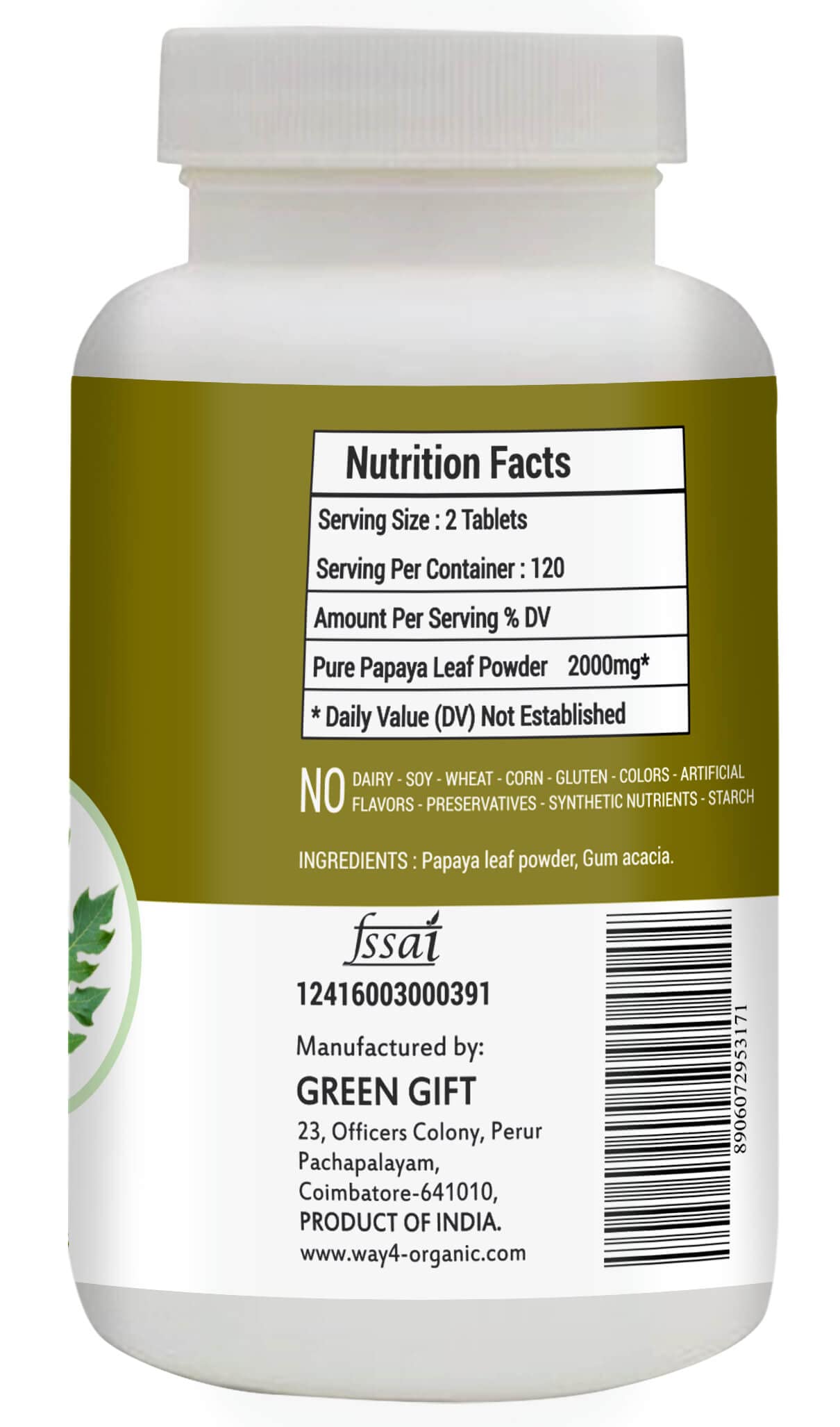 WAY 4 ORGANIC W4O Papaya Leaf Extract 500 mg, 240 Tablets