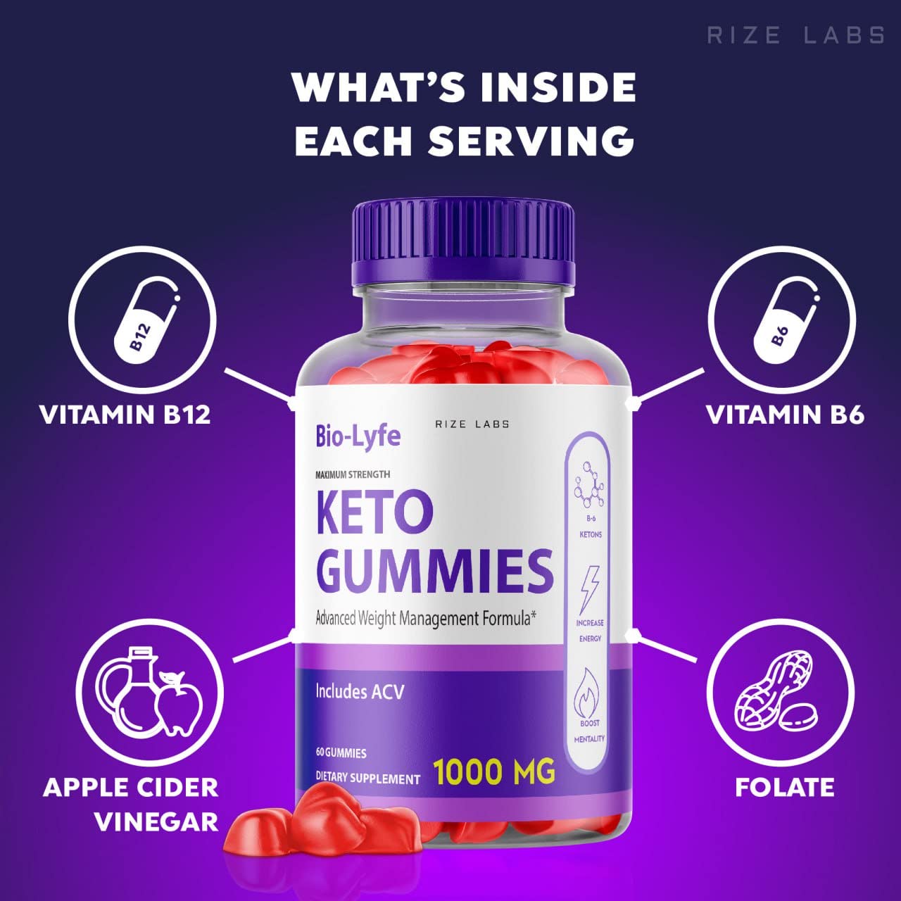 Rize Labs BioLyfe Keto ACV Gummies Advanced Formula Apple Cider Vinegar Maximum Strength, 60 Gummies