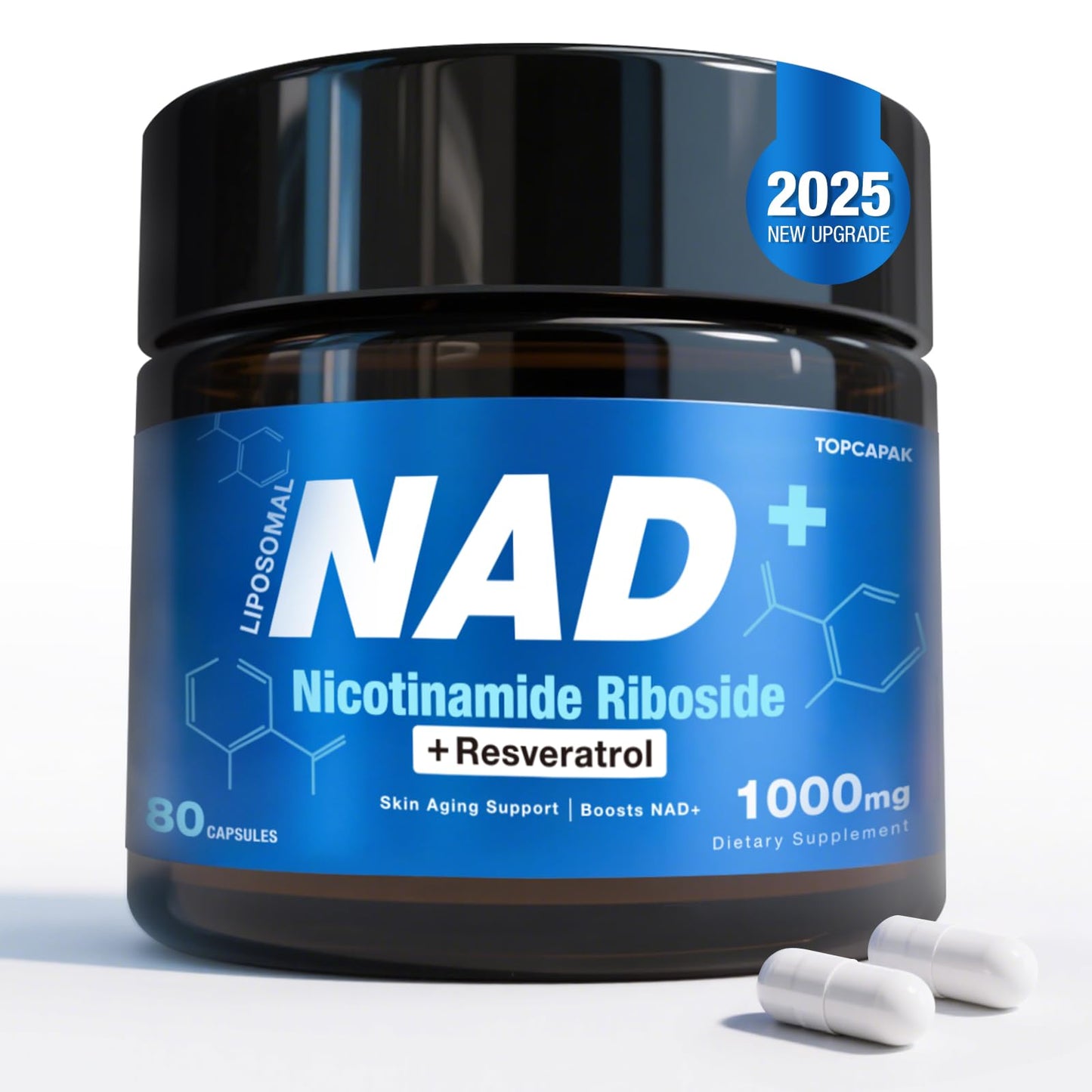 TOPCAPAK NAD+ Supplement - Nicotinamide Riboside Resveratrol, Liposomal NAD+ 1000mg Capsule, Non-GMO, 80 Capsules