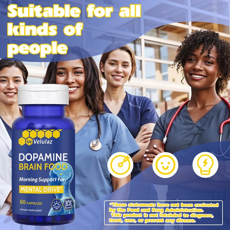Velulaz Dopamine Brain Nutritional Supplement with Magnesium Complex for Concentration, Morning Mental Drive & Focus, Allergen-Free Mental Clarity, 60 Capsules