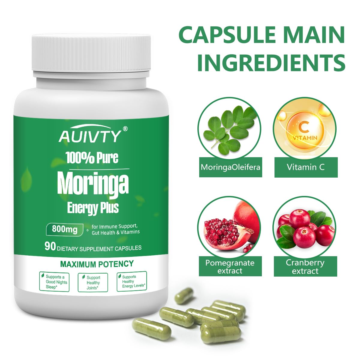Auivty Moringa 800mg Capsules, 90 Count
