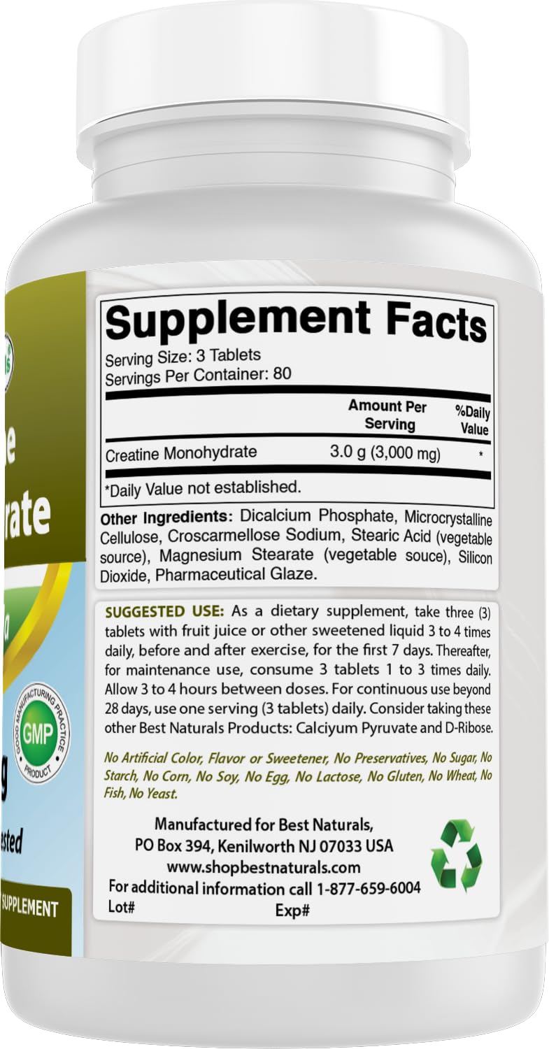 Best Naturals Creatine Monohydrate 1000 mg Tablet, 240 Tablets