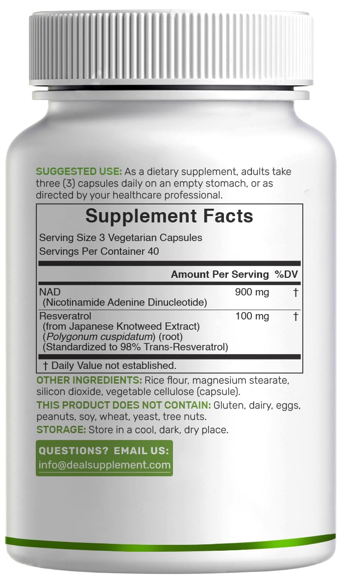 DEAL SUPPLEMENT NAD+ Resveratrol Supplement 1,000mg Per Serving 120 Capsules
