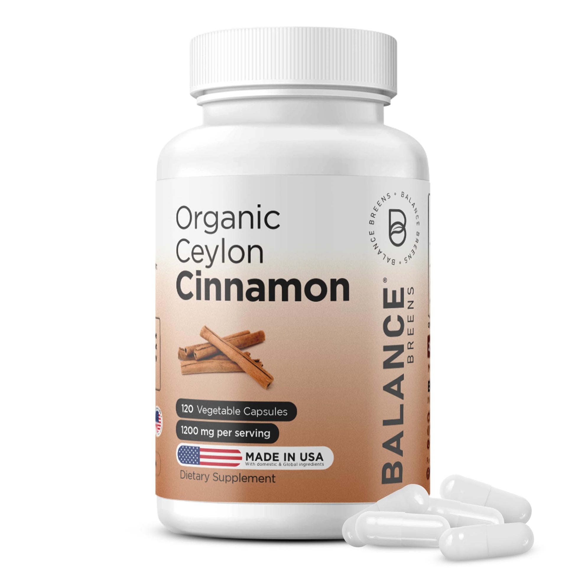 Balancebreens Certified Organic Ceylon Cinnamon 1200mg Supplement Capsules, 120 Count
