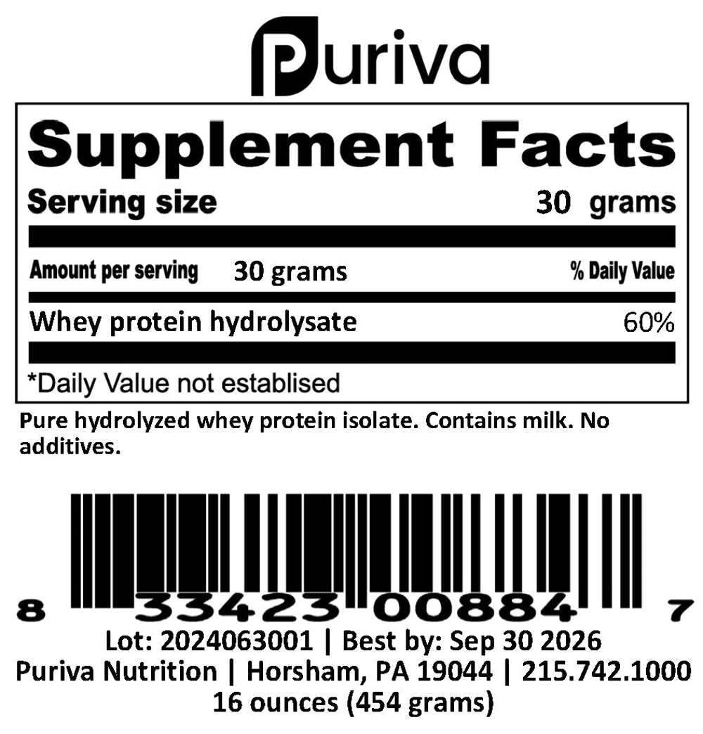 Puriva Nutrition Hydrolyzed Whey Protein Isolate Protein Powder, 16 oz