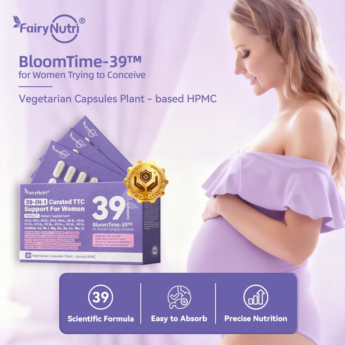 fairynutri BloomTime-39™ for Women Trying to Conceive 39-in-1 Fertility Support CoQ10, Inositol, L-Carnitine, Folate, Multivitamins & Minerals Ovary Health & Hormonal Balance 30 Capsules