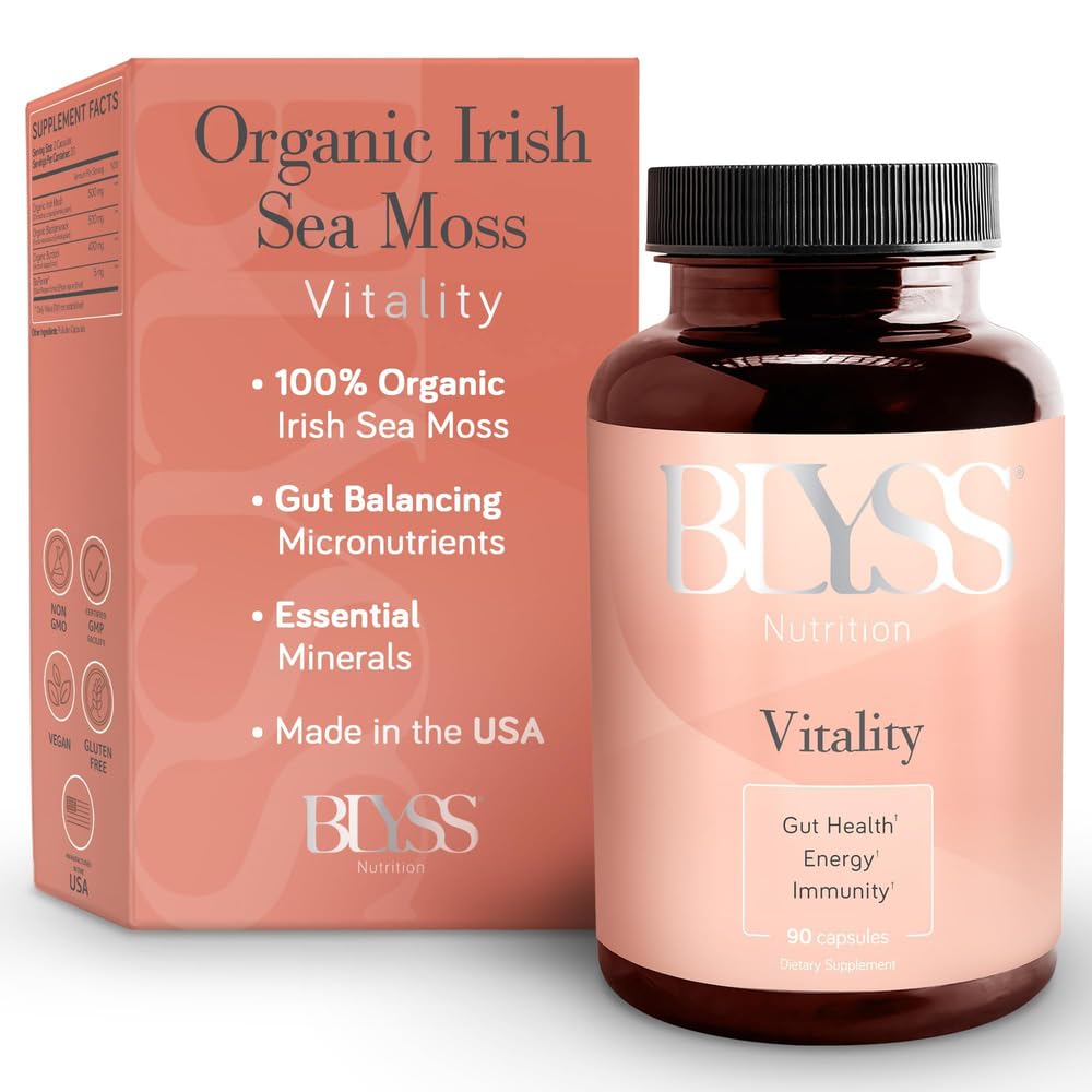 BLYSS Nutrition Organic Irish Sea Moss Capsules with Burdock Root, Bladderwrack and Bioperine Black Pepper, 60 Count