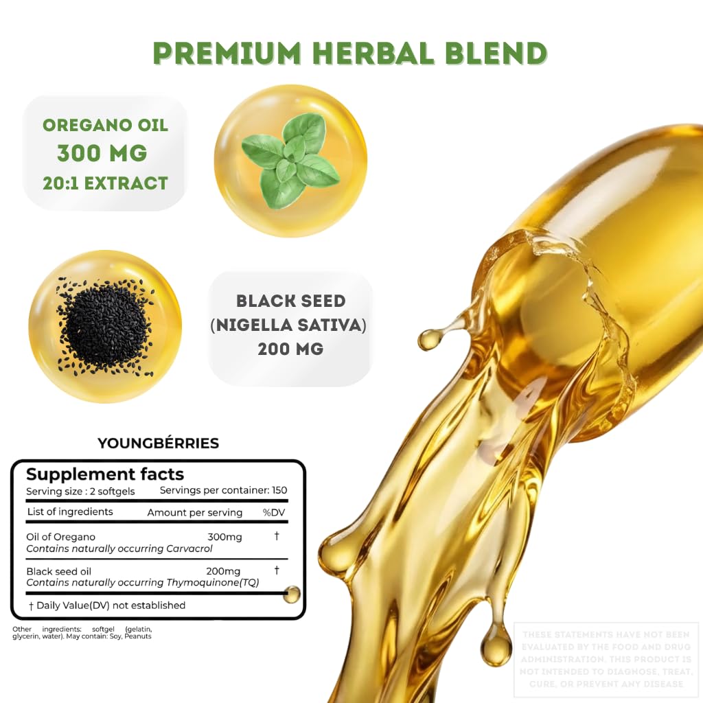 YOUNGBERRIES Oil of Oregano with Black Seed Oil Softgels 300 Count