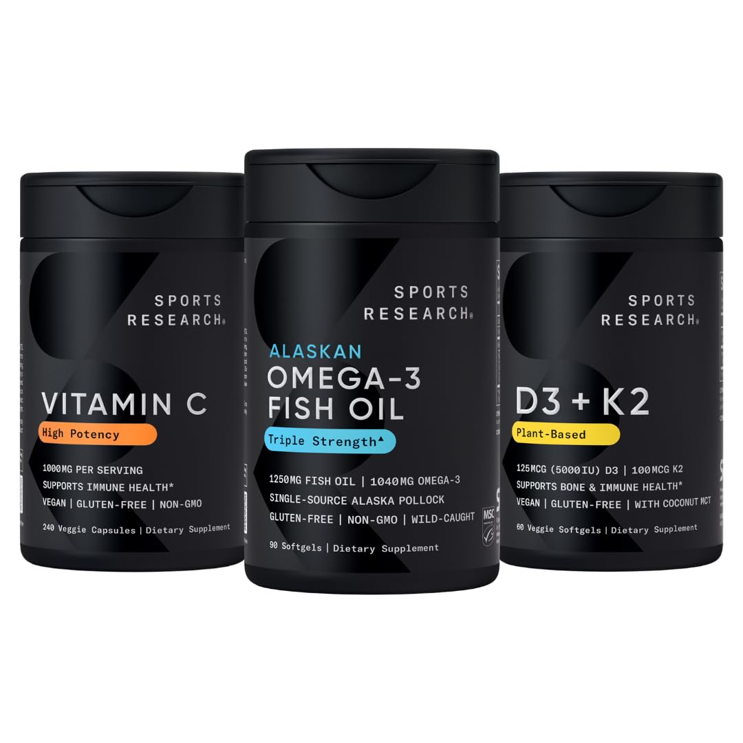 Sports Research Omega-3 Burpless Fish Oil + Vegan Vitamin C 1000mg + Vegan Vitamin D with K2, Capsule Bundle, 390 Capsules