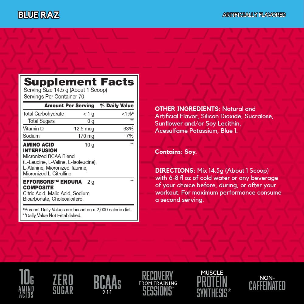 BSN Amino X BCAAs Recovery Powder, Caffeine Free, Blue Raz, 35.84 oz