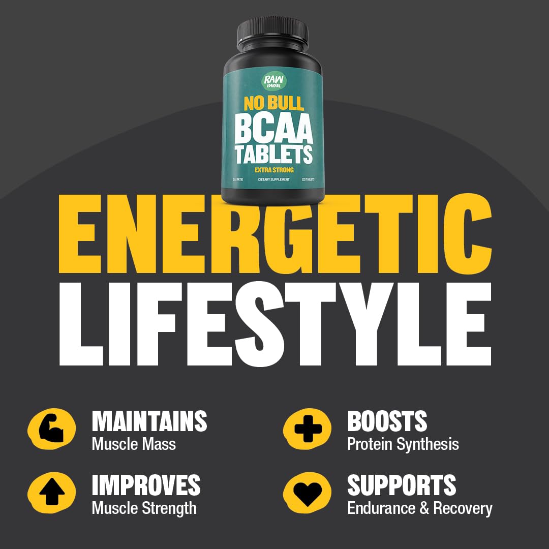 Raw Barrel BCAA Tablets 1000 mg - Branched-Chain Amino Acids Supplement for Muscle Recovery & Energy, Pre or Post Workout for Men & Women, Natural, Pure, GMO Free, 120 Tablets