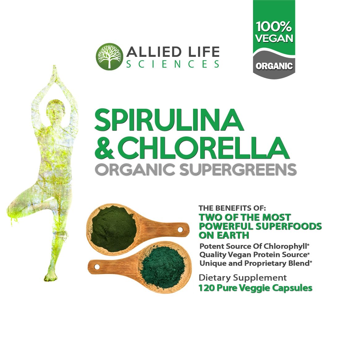 Allied Life Sciences Spirulina and Chlorella Organic Chlorophyll Vegan Protein Powder Green Superfood, 3-Pack