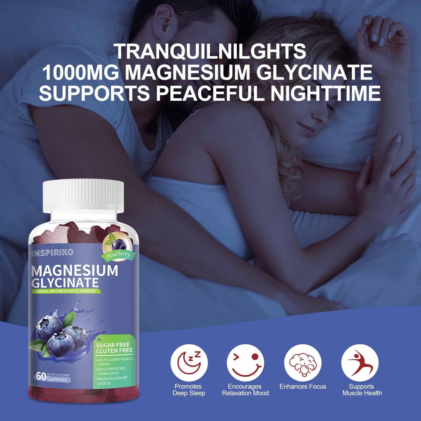 Inspiriko Magnesium Glycinate Gummies 1000mg - Sugar-Free Magnesium Potassium Supplement with Vitamin D, B6, CoQ10 for Adults & Kids, High Absorption for Calm Mood & Sleep Support - 60 Blueberry Gummies