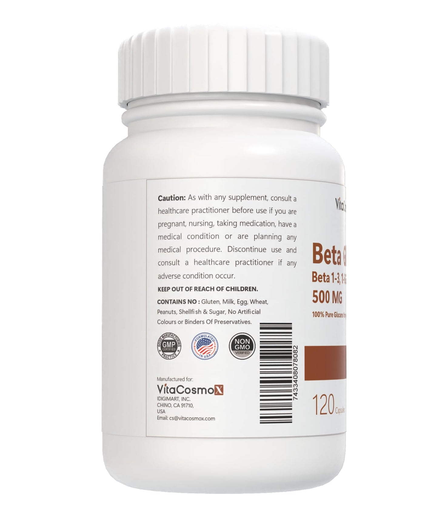 VitaCosmoX Beta Glucan Supplement 500 mg Capsule, 120 Veggie Capsules, Non-GMO, Gluten-Free